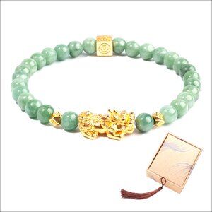 Real Jade Stretch Bracelet for Women, 6.5-7.5 Inch Wrist, 18K Gold Plated